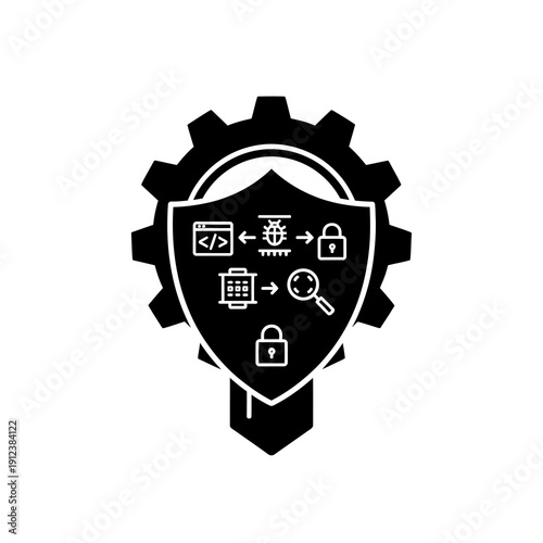 Cybersecurity shield with gear and protection icons.