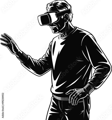 Black and White Engraving Style Illustration of Senior Man Using Virtual Reality Headset