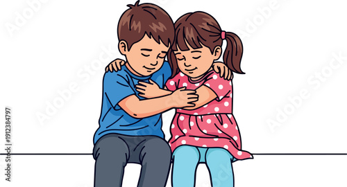 Brother and Sister Hugging Isolated Transparent Background Flat 2D Vector Illustration