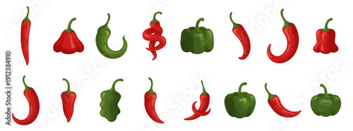 Red and green chili pepper and paprika vegetable set, spicy capsicum food vector illustration isolated on transparent background
