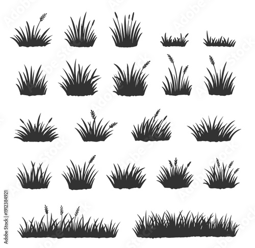 Grass and lawn tufts, meadow field foliage and pasture plants vector illustration set isolated on transparent background