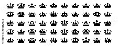Royal crown icons set, king and queen monarchy silhouettes and heraldic symbols vector illustration isolated on transparent background