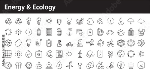 Set of energy and ecology icons representing renewable resources and environmental protection concepts