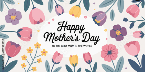 Happy mothers day beautiful floral wreath illustration with delicate pink and purple tulips and yellow flowers celebrating mom's special day