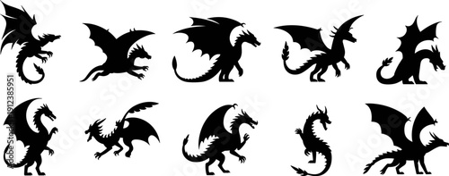 Black dragon silhouette set isolated on white background, fantasy flying and standing dragon collection for mythology, game design, tattoo art and vector illustration