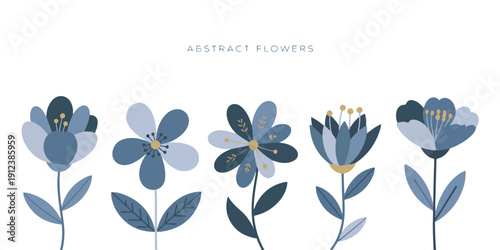 Collection of five abstract stylized blue flowers with yellow accents, graphic floral illustration for modern decoration and design elements