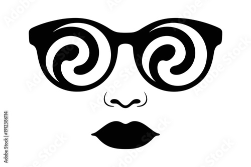 Stylized illustration of a woman's face wearing hypnotic spiral pattern sunglasses with dark lips silhouette vector