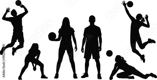 Volleyball player silhouette set, male and female action poses collection, sport vector illustration isolated on white background