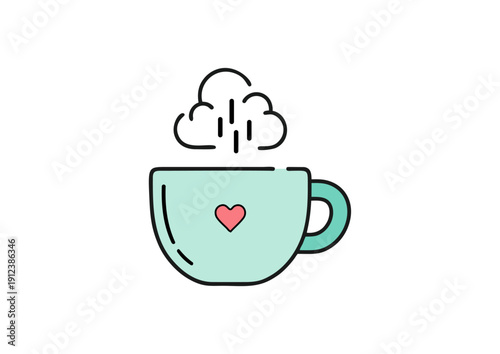 Flat illustration of steaming mug with heart. Cute hot drink icon for cafe menu, cozy lifestyle branding, stickers and mobile UI.