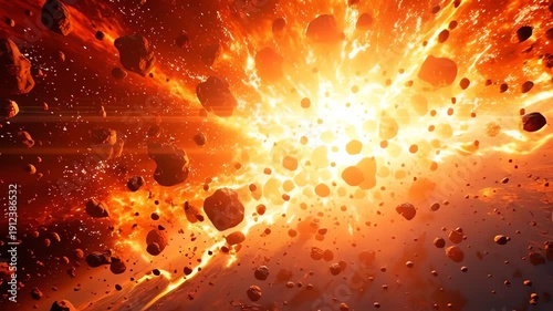 A dramatic and explosive cosmic event with debris and bright light.