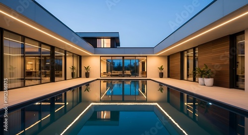 Modern Luxury Villa with Infinity Pool and Architectural Lighting at Dusk.