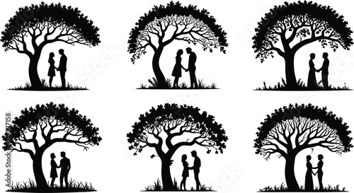 Romantic couple silhouettes under trees with love, nature, affection, embrace, holding hands, romance scene illustration, flat vector design