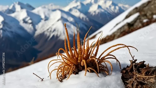 Snowy Mountain Landscape with Wild Grass.