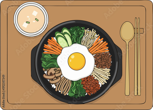 Top View Illustration of Korean Bibimbap Bowl with Fried Egg, Mixed Vegetables, Mushrooms and Rice on Wooden Tray with Spoon, Chopsticks and Soup