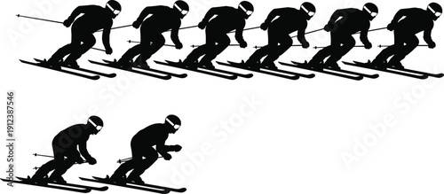 Alpine skier silhouette sequence showing downhill skiing motion progression dynamic winter sport action vector illustration isolated on white background