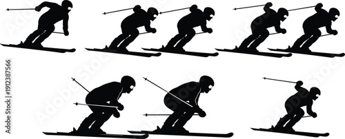 Downhill skier silhouette sequence collection showing dynamic alpine skiing motion winter sport vector illustration isolated on white background