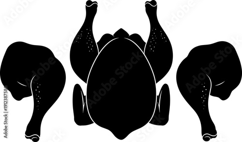 Whole roasted chicken and drumstick silhouette icon set, black cooked poultry illustrations isolated on white background for restaurant menus, food packaging, and culinary design projects