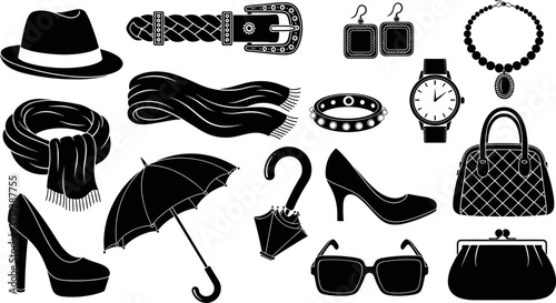 Women fashion accessories silhouettes featuring hat shoes handbag jewelry scarf watch and umbrella elegant luxury style vector illustration set isolated on white background