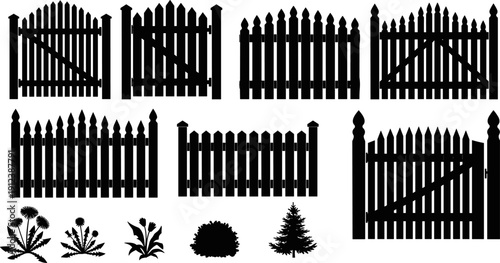 Wooden picket fence and gate silhouettes set illustration with garden plants, black and white vector elements isolated for landscaping, yard design, rural property, and decorative graphic use