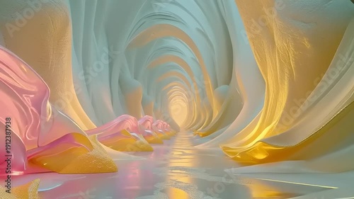 Surreal Tunnel with Soft Pastel Colors and Reflections.