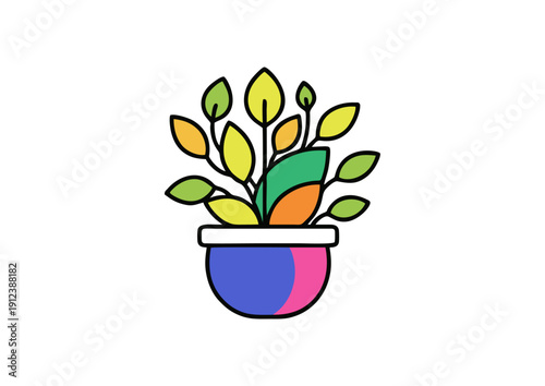 Cute abstract plant in pot flat illustration. Modern botanical icon for creative projects, lifestyle branding, stickers and UI design.