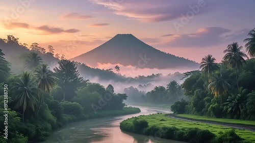 Tropical Landscape with River and Mountain at Sunset.