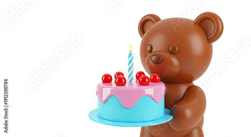 Teddy Bear Holding a Birthday Cake with a Candle