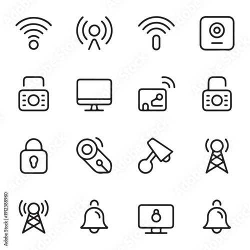 Internet and Network Technology Icon Set with Smart Home and Surveillance