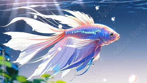 Vibrant Betta Fish Swimming Underwater Scene.