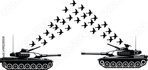 Military Tanks Silhouette with Flying Birds Forming Peace Symbol Vector Illustration Isolated on Light Background for War, Conflict and Peace Concept Design