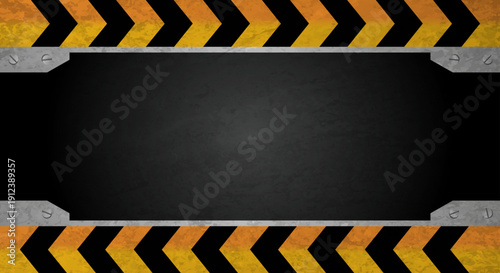 Dark grunge metal plate surrounded by yellow black hazard stripes and steel corners.
