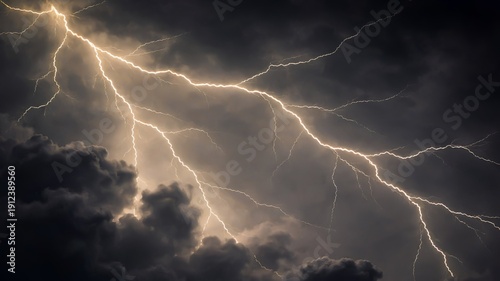 Powerful lightning bolts cutting through dark storm clouds in a night sky, capturing intense weather, atmospheric energy, and a severe thunderstorm.