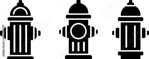 Black fire hydrant silhouette icons isolated on white background, emergency water supply symbols for fire safety, urban infrastructure, signage and vector illustration design