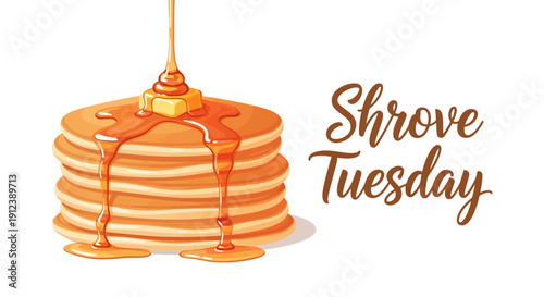 Illustration of a stack of pancakes with syrup dripping on Shrove Tuesday, a traditional celebration with flat cakes.