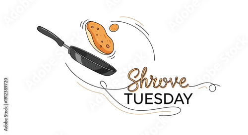 Illustration of a frying pan flipping a pancake on Shrove Tuesday with a skillet and batter splatters on a clean white background.