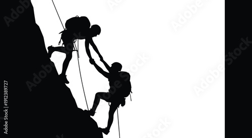 Mountain Climbers Helping Each Other Silhouette on Steep Cliff Vector Illustration Isolated on White Background for Teamwork, Adventure and Leadership Success Concept