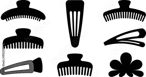 Black hair accessories silhouette set isolated on white background, hair clips and claws icons collection, salon beauty styling tools, minimal flat design illustration