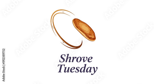 A flat, golden-brown pancake in motion, flipping through the air on Shrove Tuesday with a shallow focus, against a clean white background conveying a joyful and festive mood.