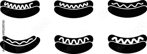 Black hot dog silhouette icon collection isolated on white background, fast food sausage sandwich set for menu design, street food branding, web, app and vector illustration