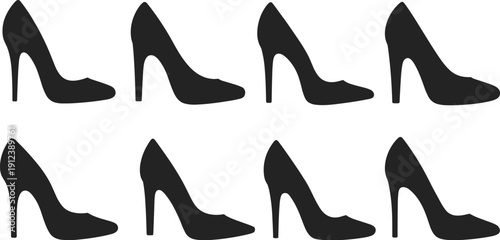 Black high heel shoe silhouette set isolated on white background, elegant women footwear collection for fashion design, luxury branding, icons, logos and vector illustration