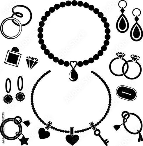Black jewelry silhouette set isolated on white background, necklaces bracelets rings earrings icons collection, fashion accessories shapes, minimal flat design illustration