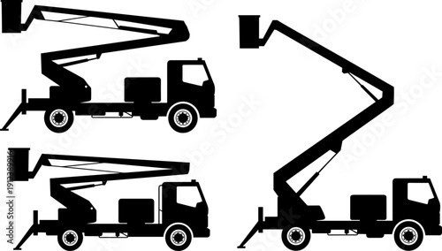 Boom lift truck silhouettes set isolated on white background, aerial work platform vehicles collection, construction and maintenance machinery icons, industrial flat design illustration