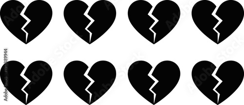 Broken heart icons collection showing cracked love symbols expressing heartbreak separation emotional pain and relationship loss in bold black vector silhouette style