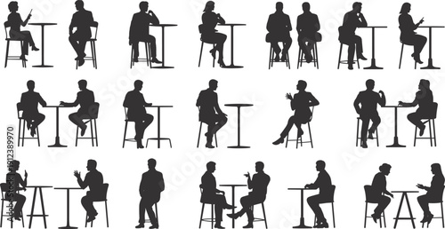 Business people silhouettes sitting at cafe tables showing conversations meetings and casual work scenes in black vector illustration style for branding design