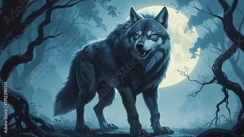 Wolf Howling at Full Moon Night.
