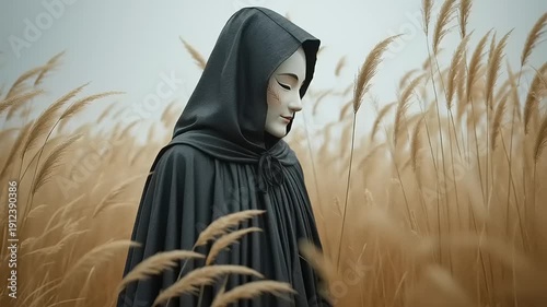 Woman in Black Cloak Standing in Wheat Field.