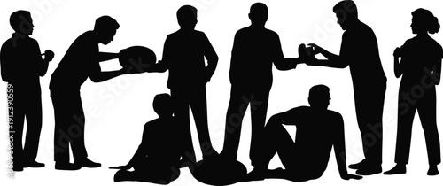 People silhouettes communicating and interacting in group, social teamwork discussion and collaboration concept, diverse human activities and relationships illustration isolated on white background