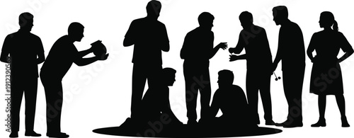 People silhouettes interacting and communicating in group, teamwork discussion and social collaboration concept, diverse human activities and cooperation illustration isolated on white background