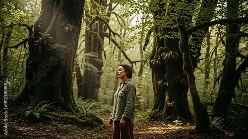 Woman Standing in Forest Looking Upwards.
