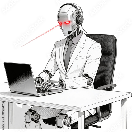 Cybernetic Analyst: A sleek, advanced robot, embodying the future of technology, is engaged in deep analysis, its red laser focus piercing through the air as it works tirelessly at a desk.